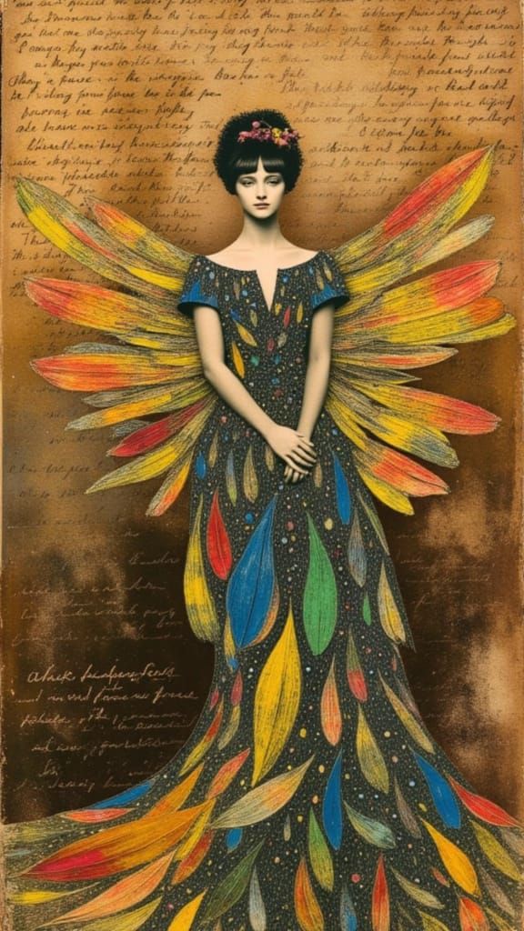 Surreal Mixed Media Collage of Feather-Dressed Woman