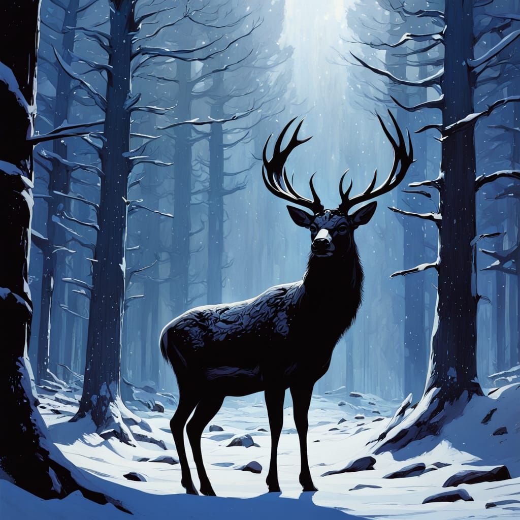 Majestic Deer Silhouette in Snowy Forest Landscape