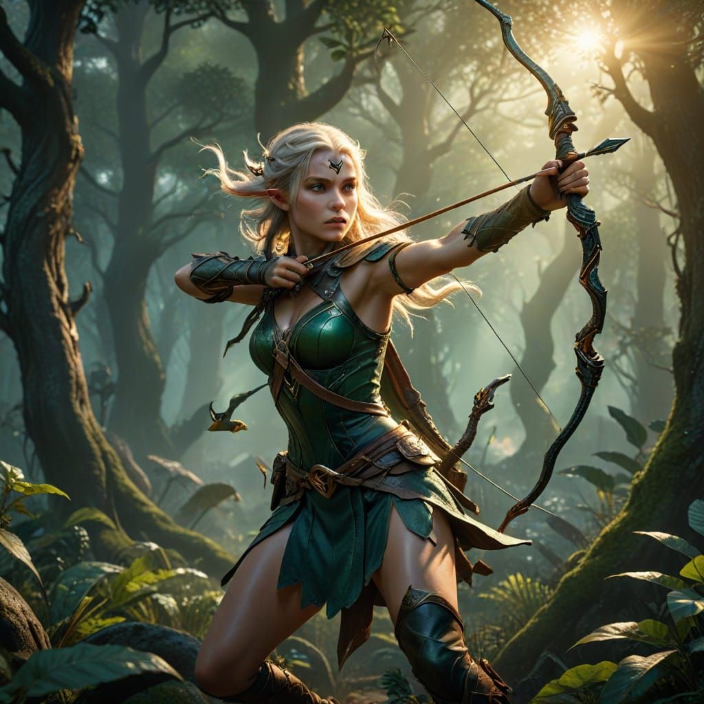 Elegant Elven Ranger Leaps into Battle with Snarling Medusa