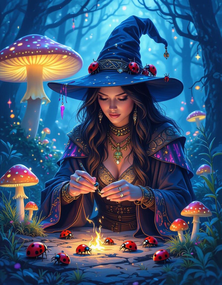 Warrior-Witch Casting Spell with Bioluminescent Mushrooms