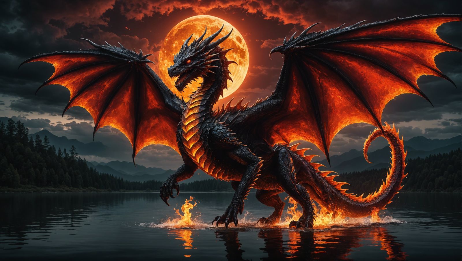 Hyperrealistic Fire Dragon Under Blood Moon