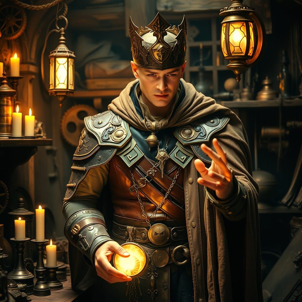 Elegant Aasimar Artificer in Medieval Workshop