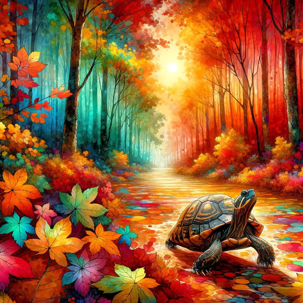 Box Turtle in Vibrant Watercolor Forest at Golden Hour