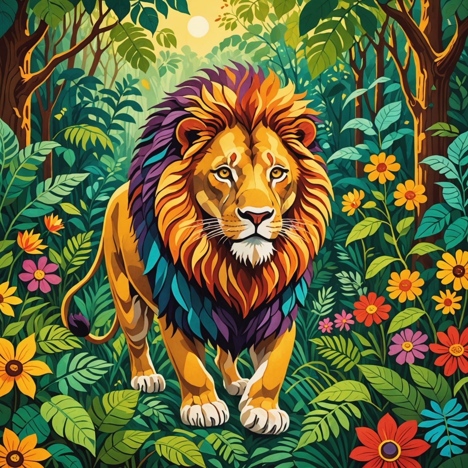 Lion Striding Through Jungle in Felt Art Style