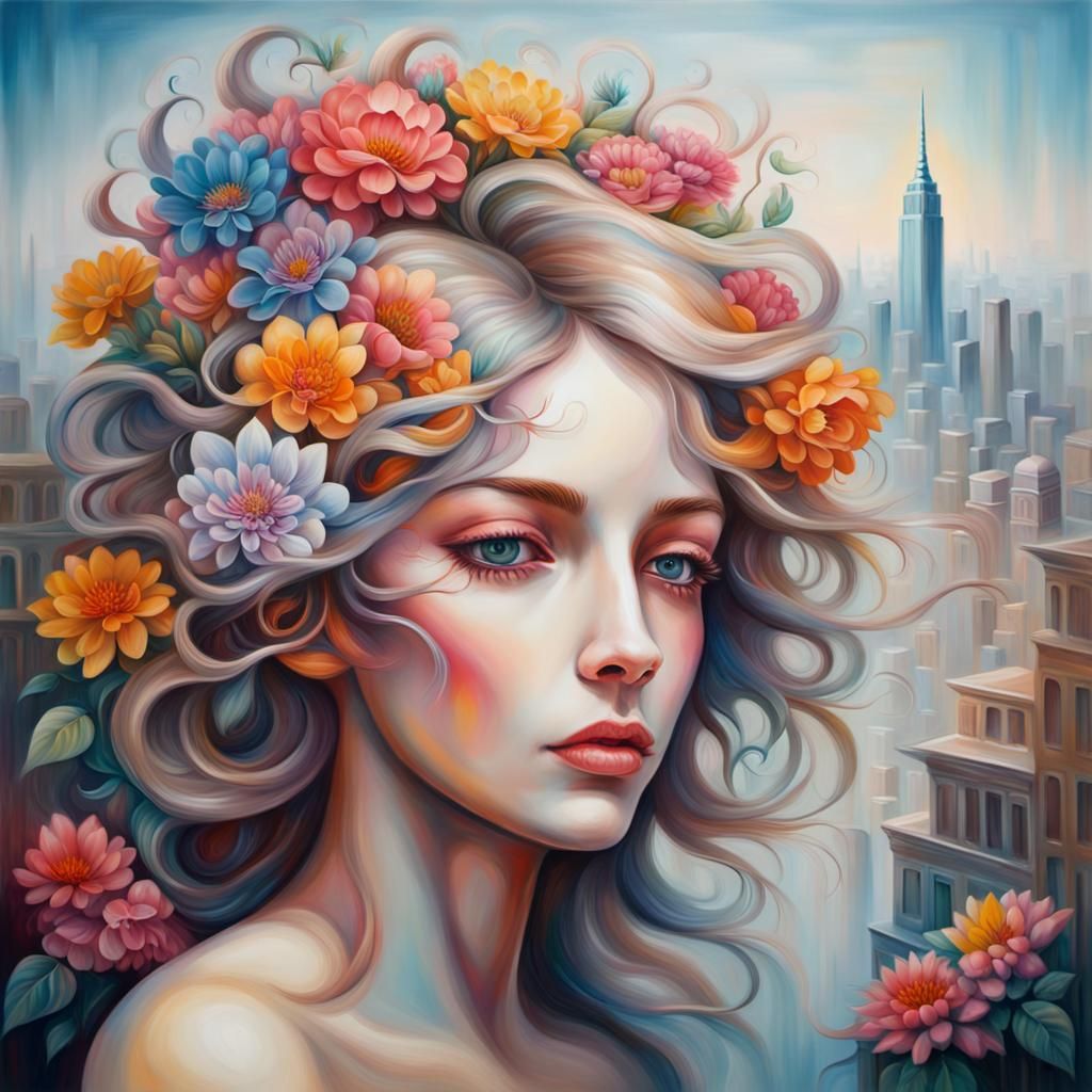 Surrealist Giantess Adorned with Flowers, Oil Painting