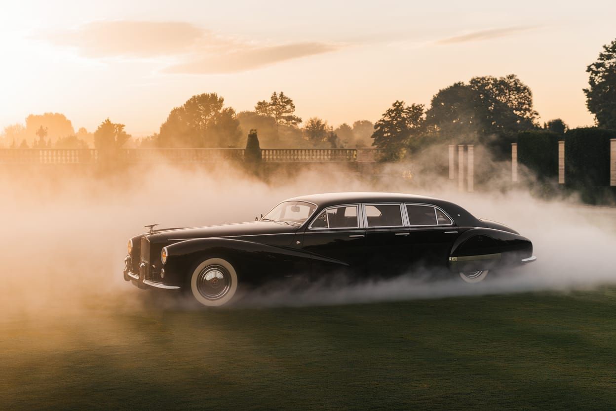 Retro-Futuristic Limousine Glides Through Foggy Garden
