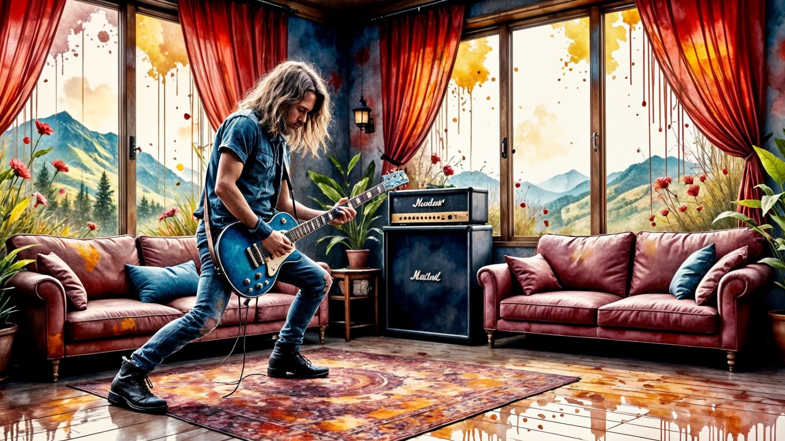 Electric Guitarist Lost in Colorful Ink Splatter Art