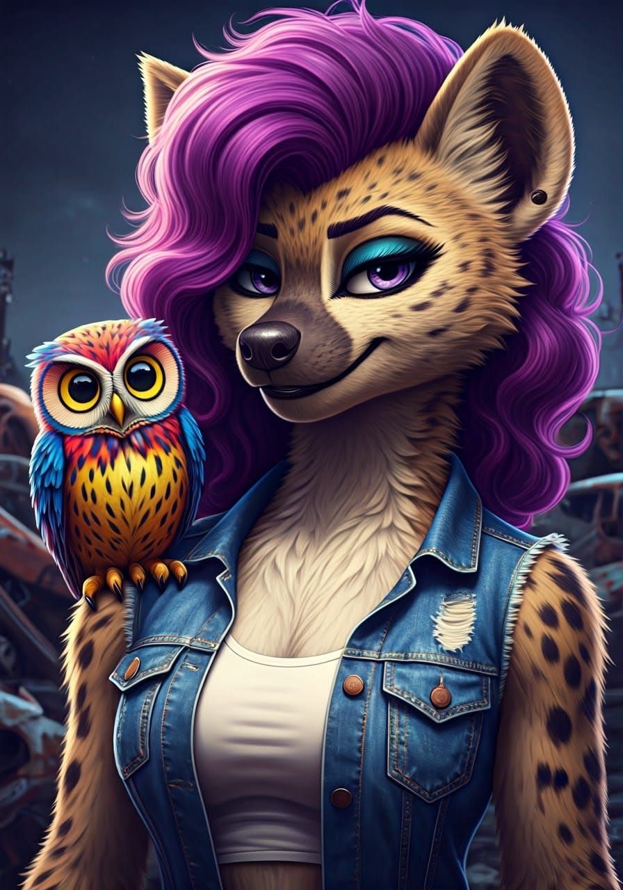 Majestic Owl and Feline Hybrid in a Moonlit Junkyard