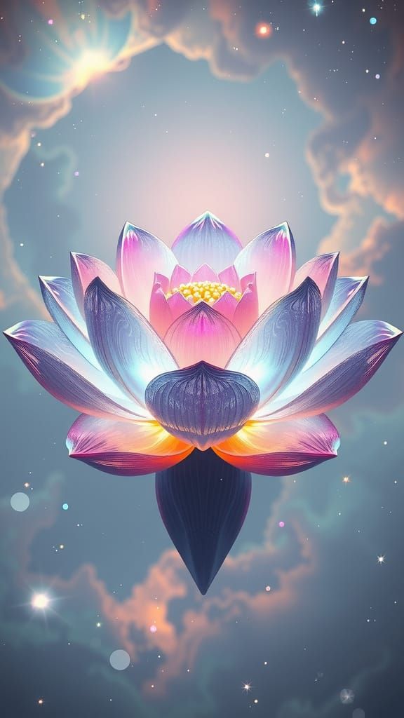 Luminous Glass Lotus Sanctuary in Celestial Expanse