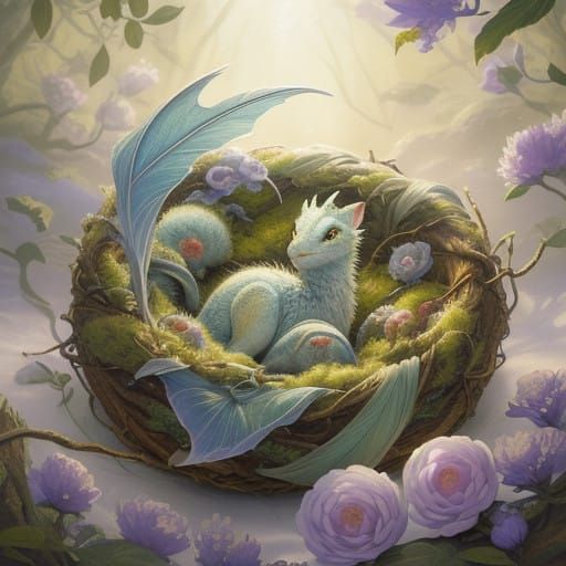 Whimsical Baby Dragon in a Cozy Fantasy Nest