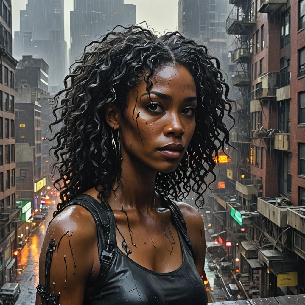 Cyberpunk African-American Woman in Neon Cityscape