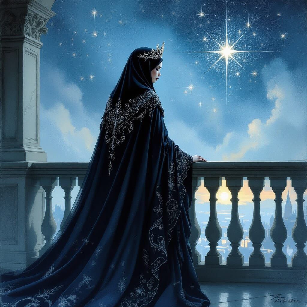 Regal Queen's Sad Goodbye Under Starry Expanse