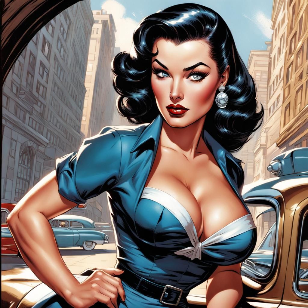 1950s Brunette Pin-Up Girl in Comic Book Art