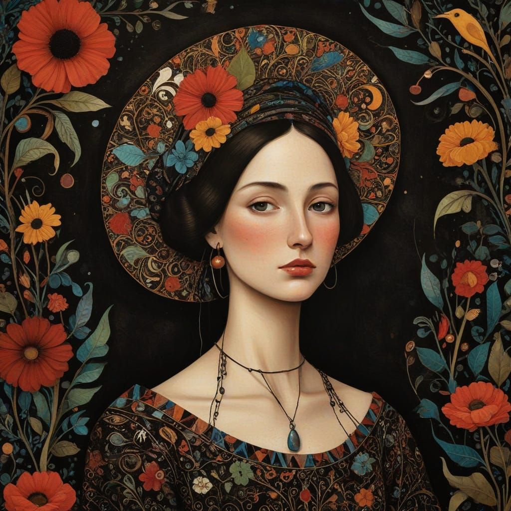 Folk Art Portrait of a Colonial Woman in Vibrant Floral Scen...