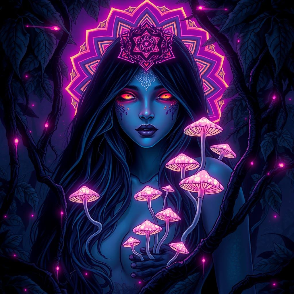 Neon Jungle Mandala with Luminous Mushrooms in Anime Art