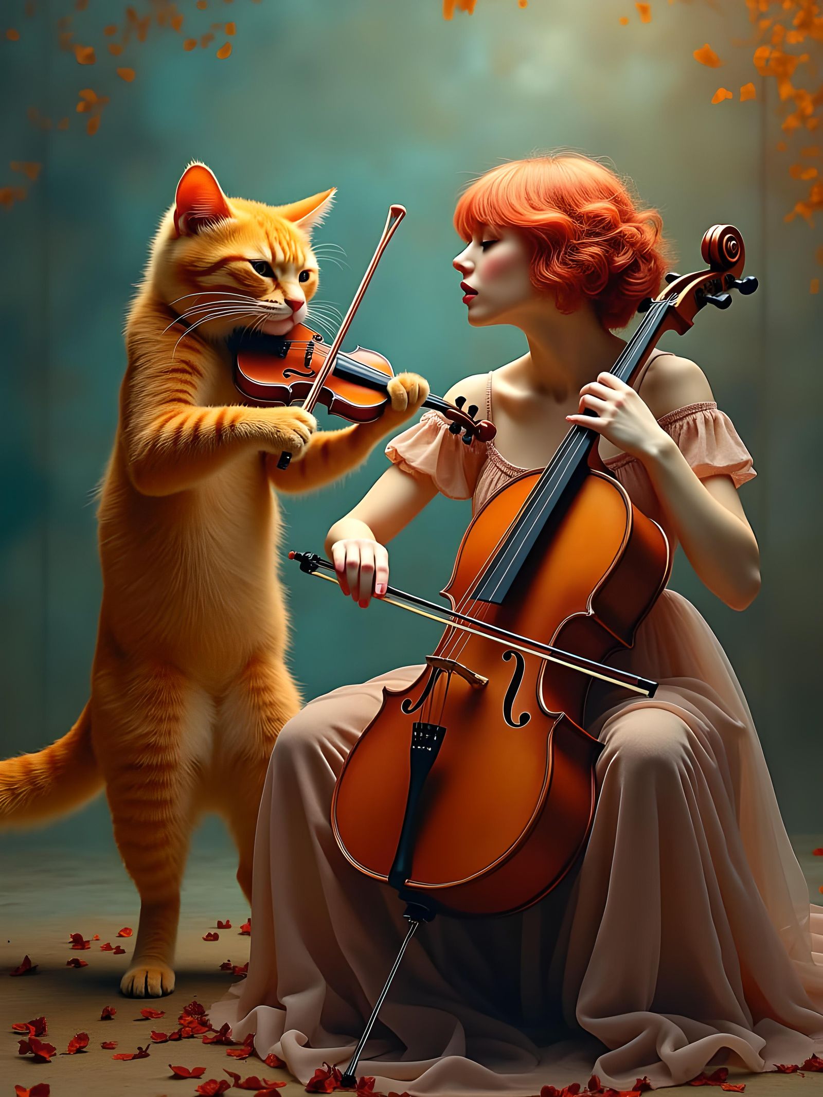 Cat and Woman Play Fiddle and Cello