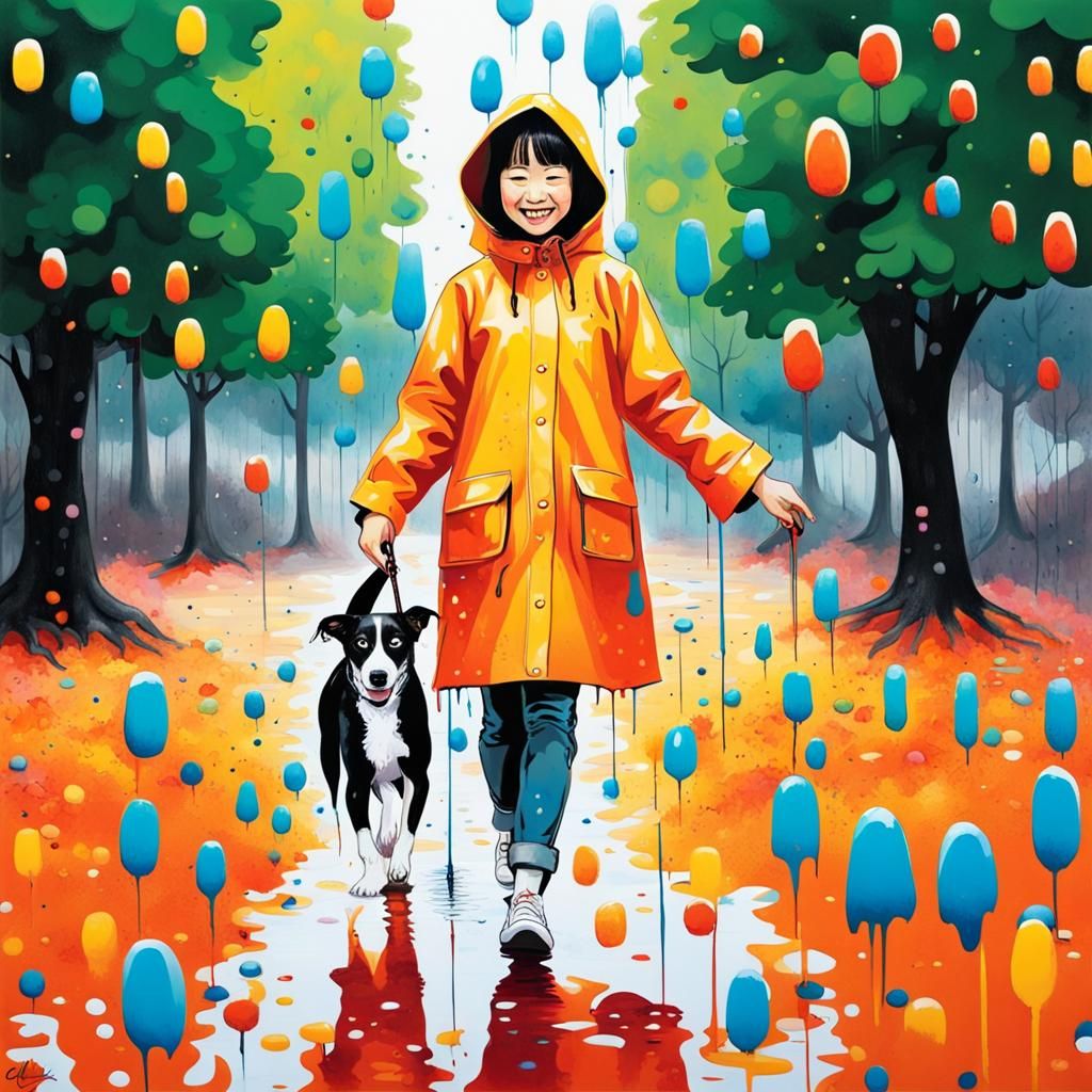 Happy Girl Walking Dog, Yayoi Kusama Style