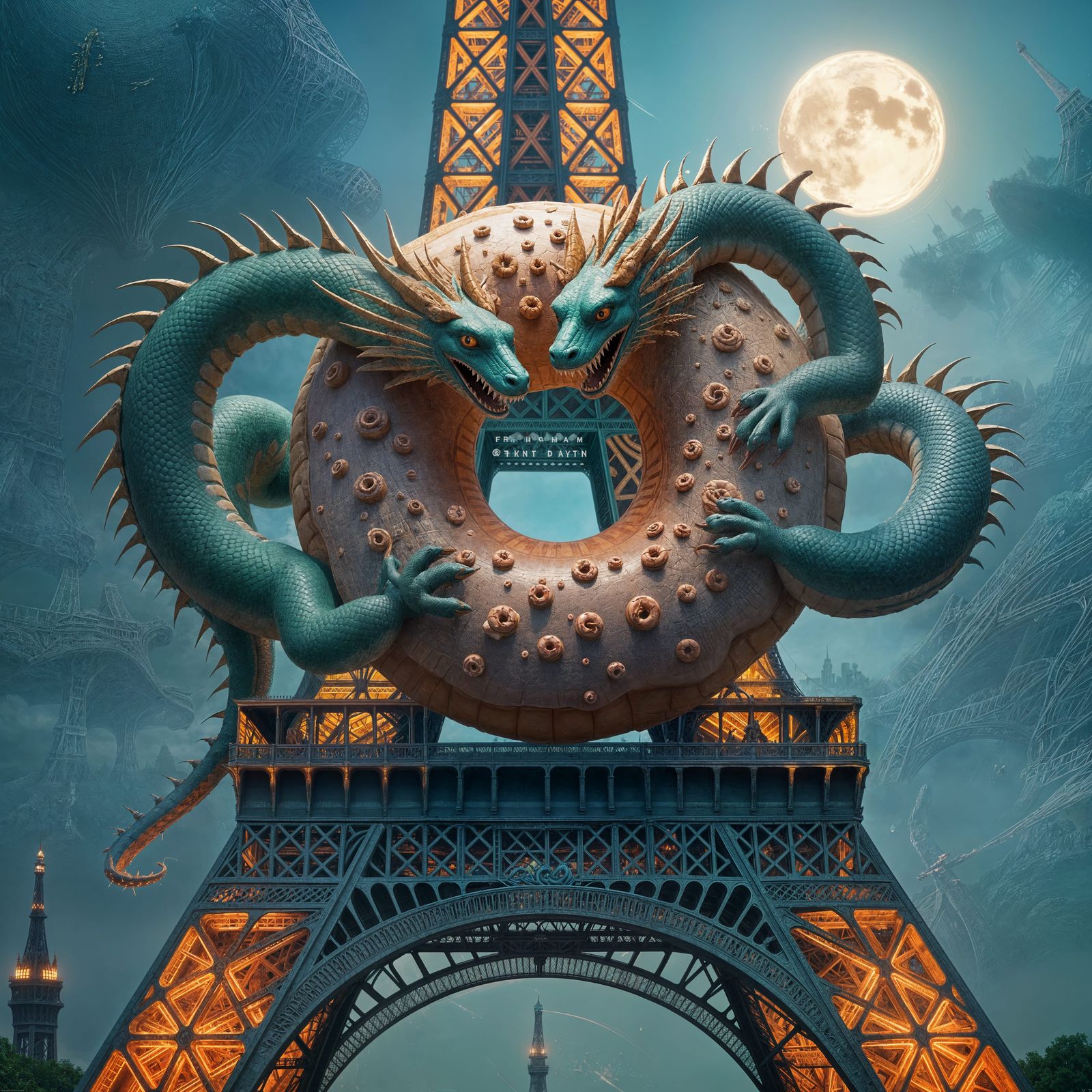 Dragons Duel Over Donut on Eiffel Tower