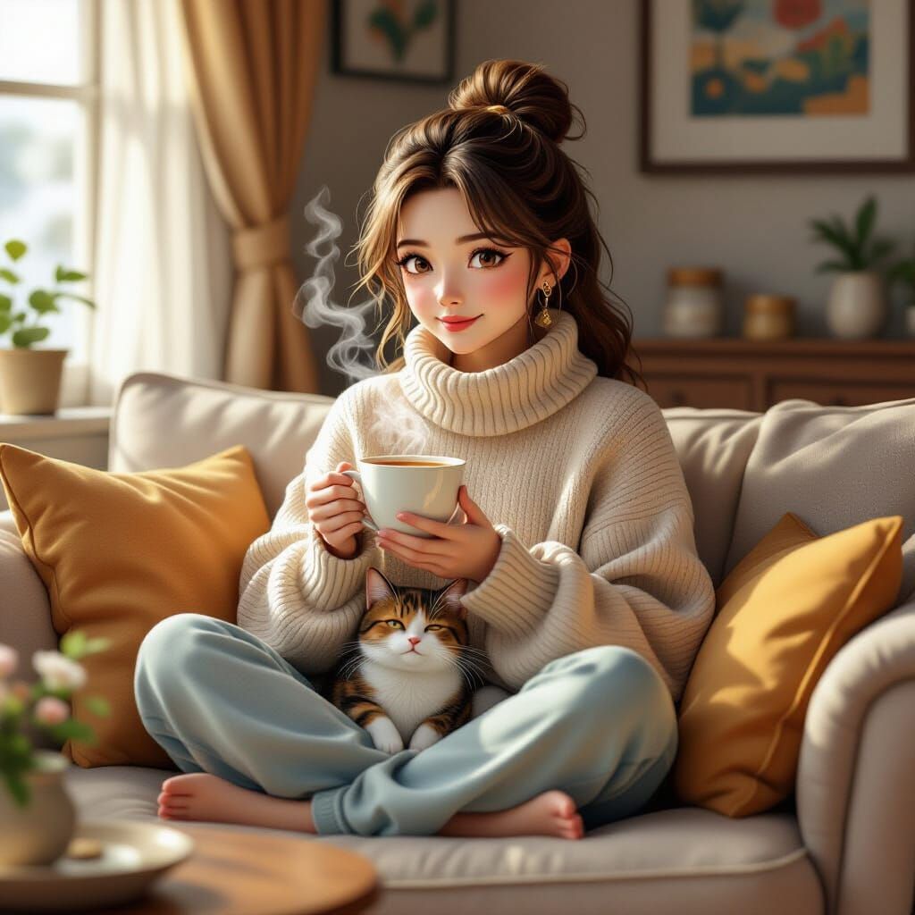 Cozy Anime Woman with Cat and Tea, 3D Render