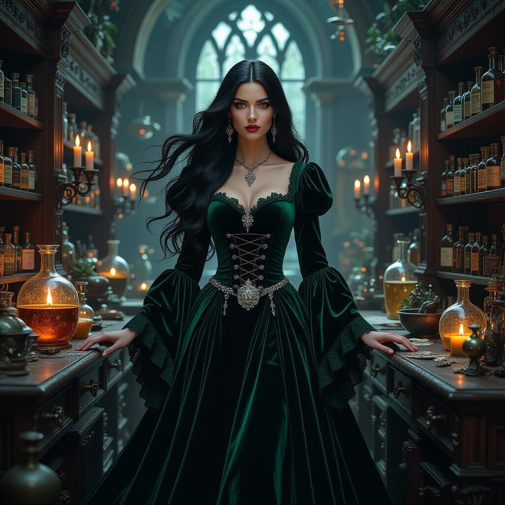 Gothic Woman in Grand Apothecary, Dark Whimsical Style