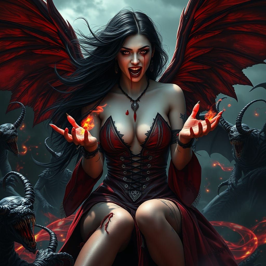 Vampire Goddess in Hellish Landscape
