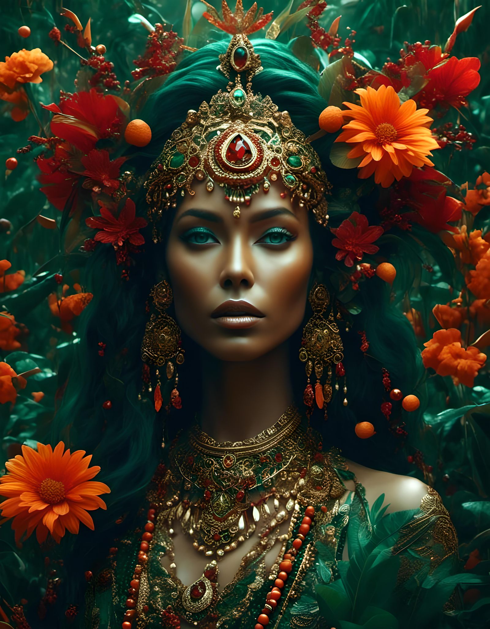 Exotic Jeweled Woman in Jungle, Hyperrealistic Portrait