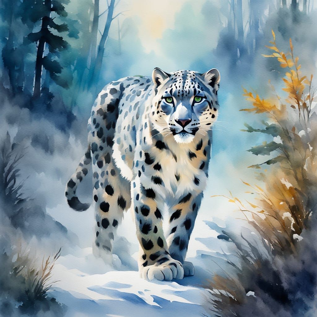 Snow Leopard in Misty Mountain Forest Watercolour Painting
