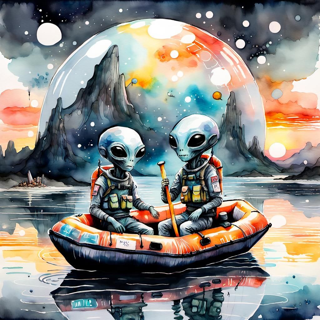 Grey Aliens in Lifeboat at Sunset, Watercolor Style
