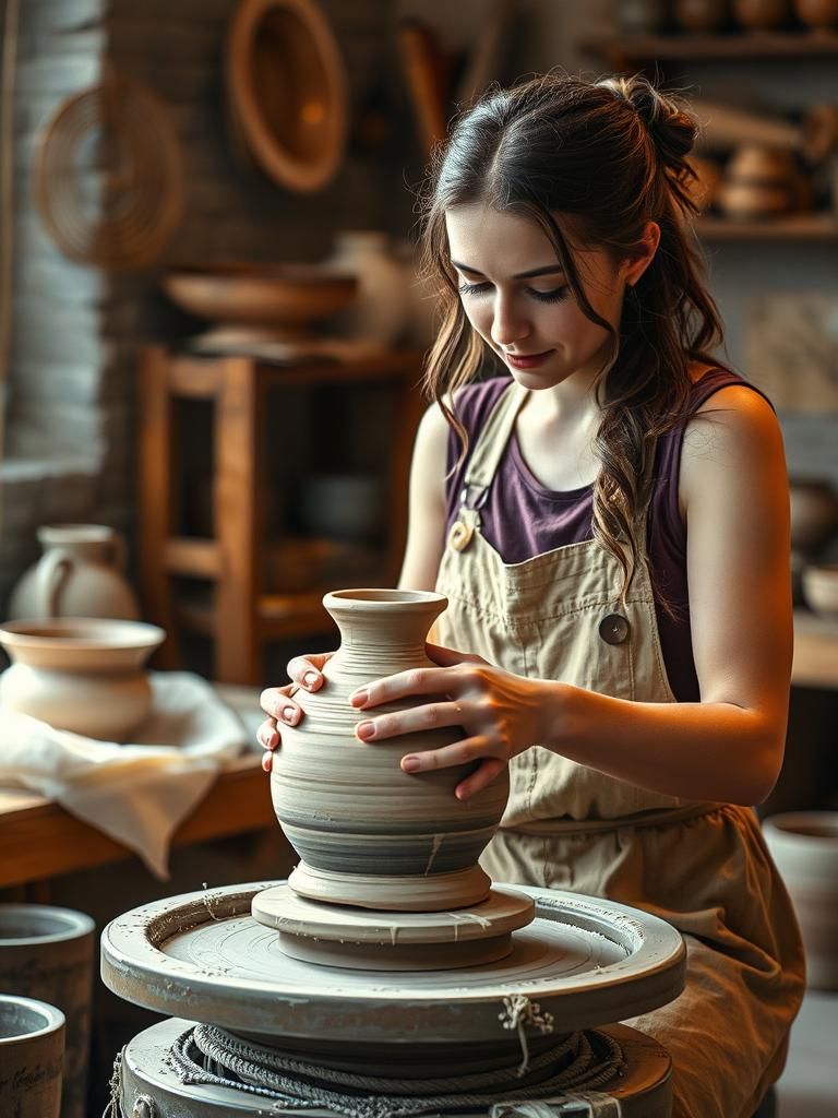Female Potter Shaping Vase in Workshop