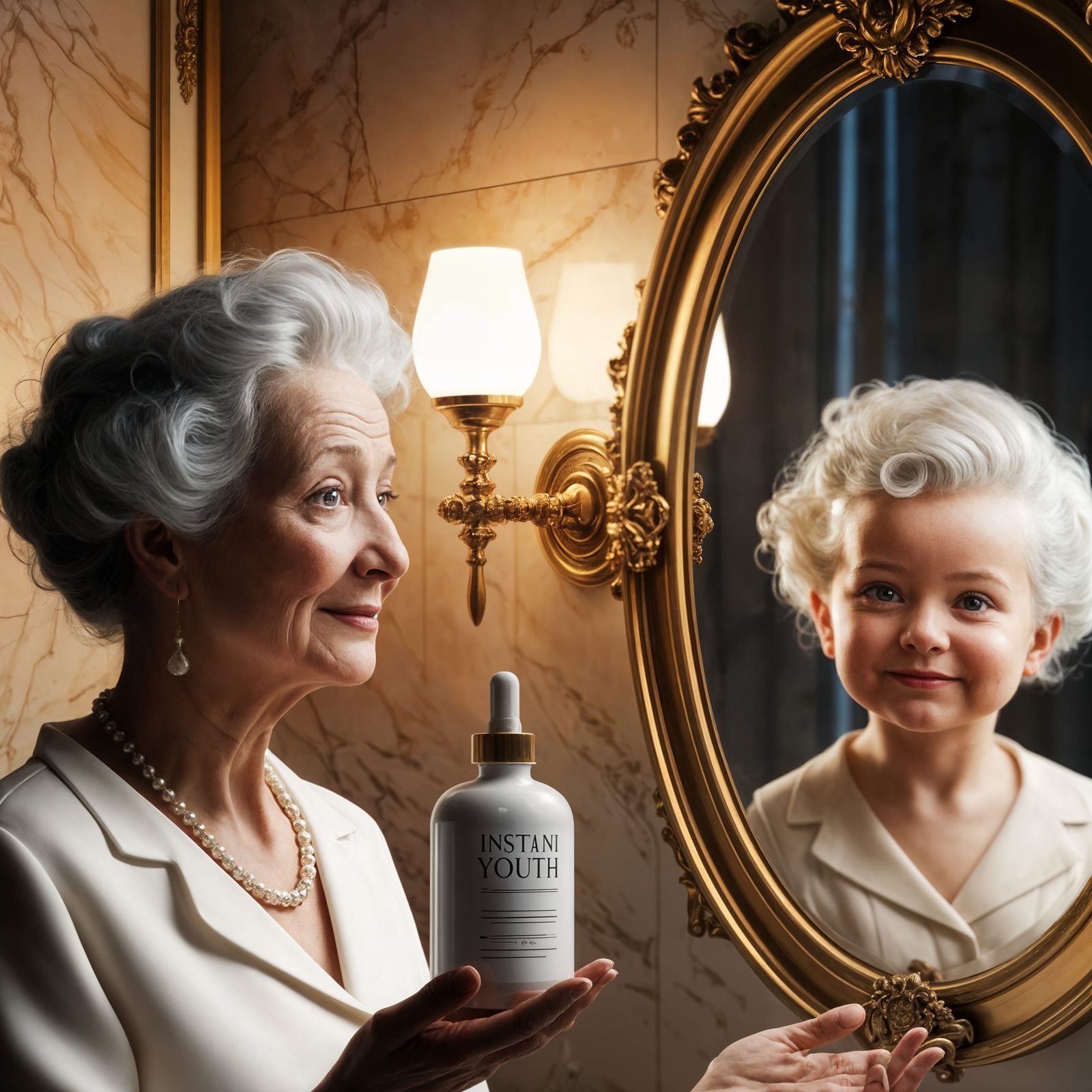 Elegant Lady Embraces Instant Youth in Luxurious Bathroom