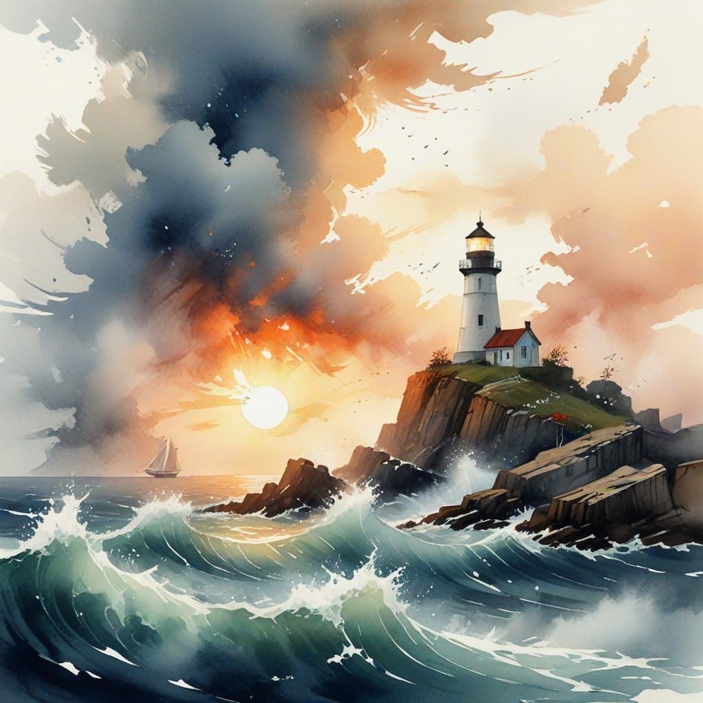 Lighthouse with Tie Fighters in Watercolor Painting