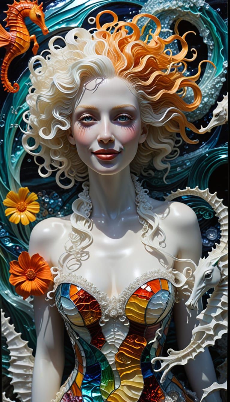 Luminous Stained Glass Albino Lady Sculpture on Beach