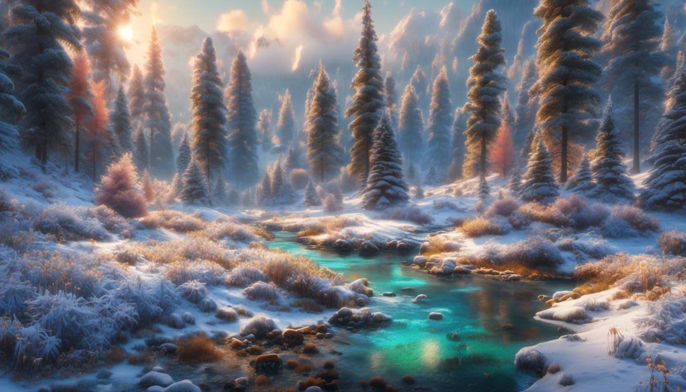 Snowy Pines and Winter Wildflowers in 8K