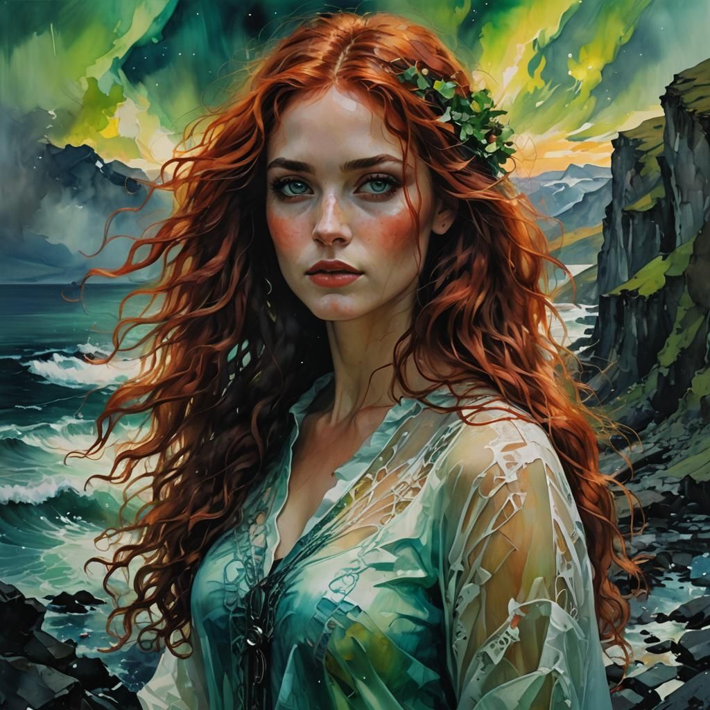 Norse Girl with Northern Lights in Double Exposure