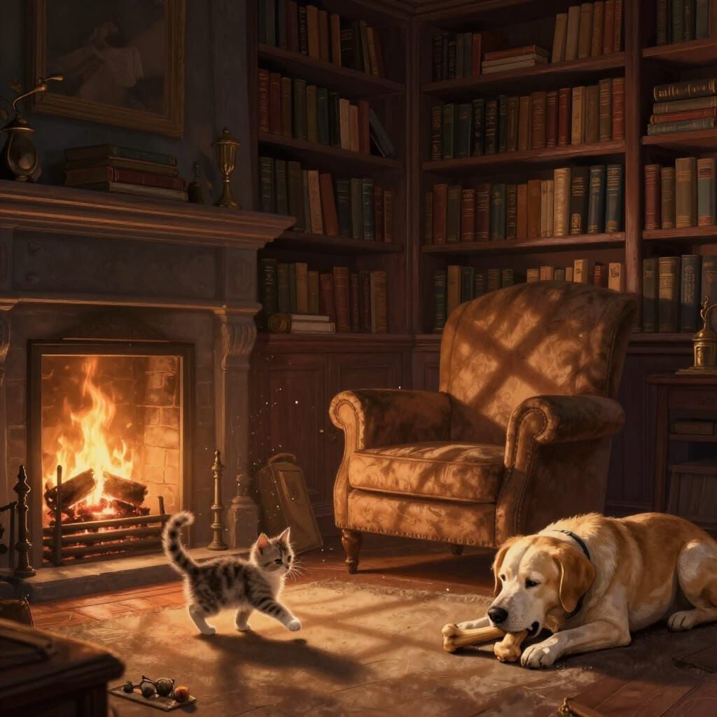 Cozy Library Scene with Fireplace, Kitten, and Dog