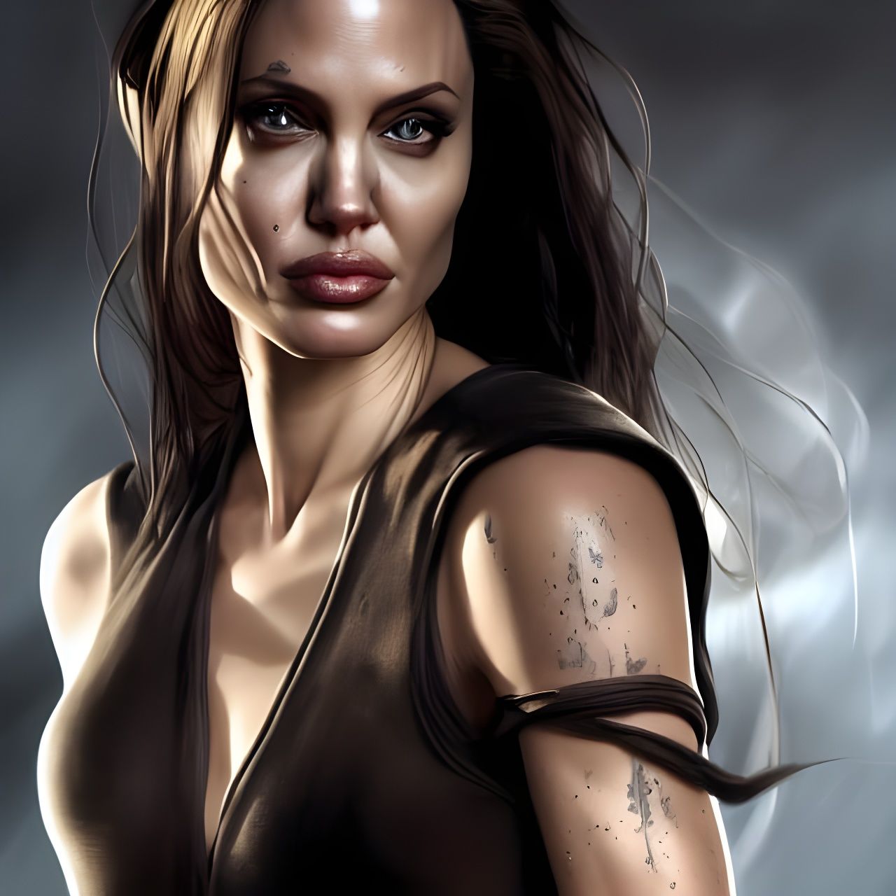 Detailed Portrait of a Female Warrior in Kinetic Pointillism