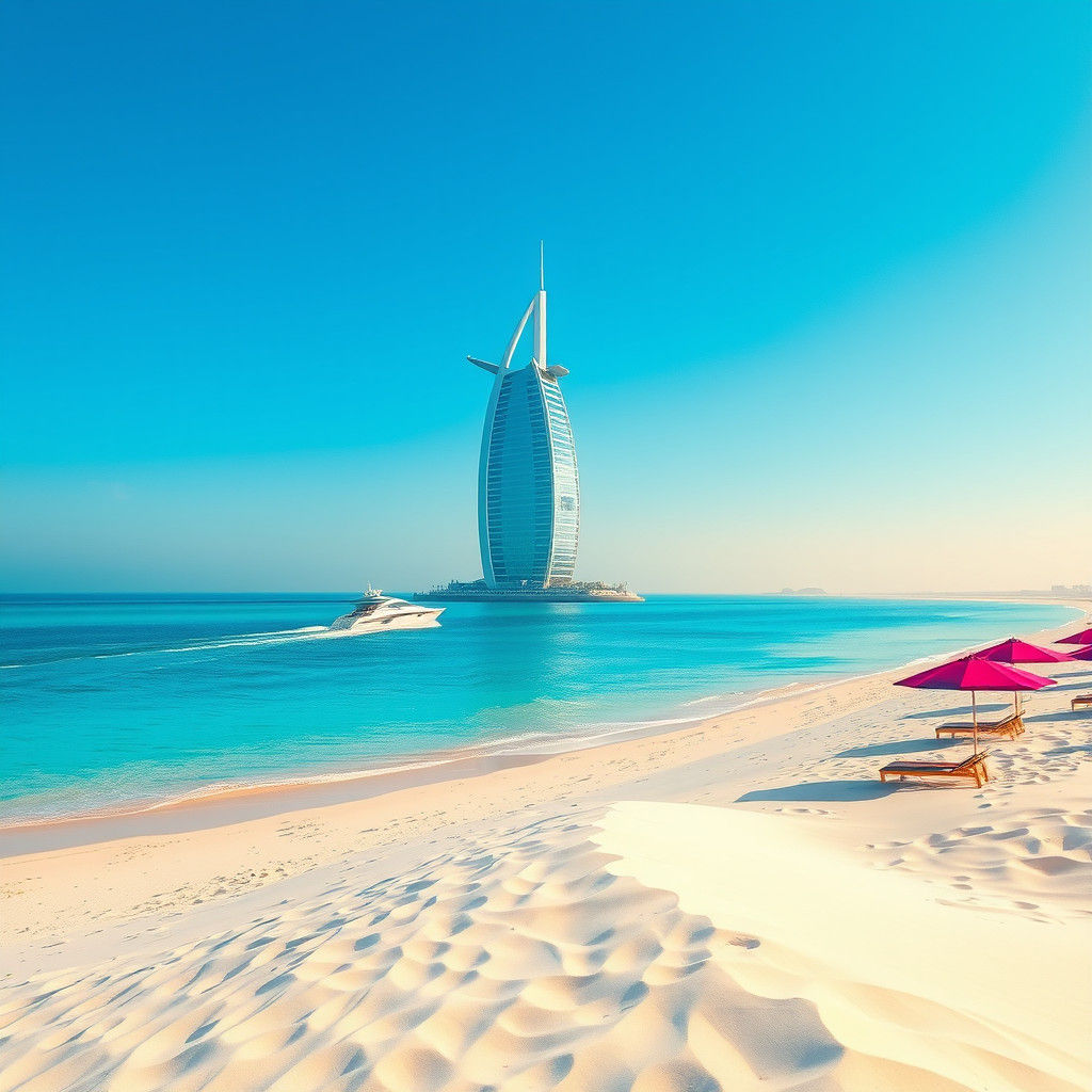 "A pristine view of Jumeirah Beach with soft, white sands st...