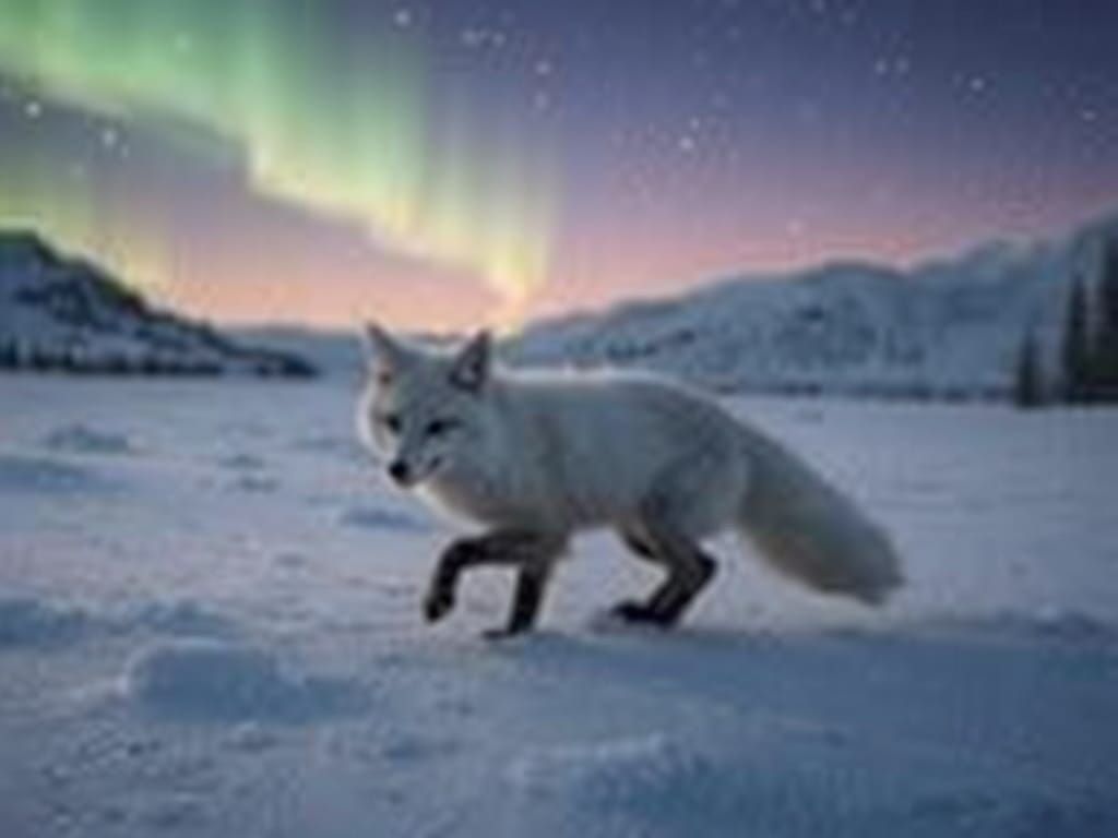 White Fox Running Under Aurora Borealis