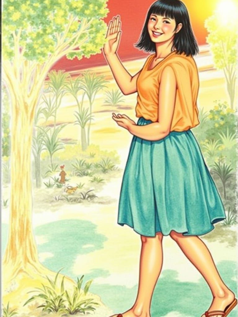 Blind Woman Feels Tree Branches in Golden Afternoon Light