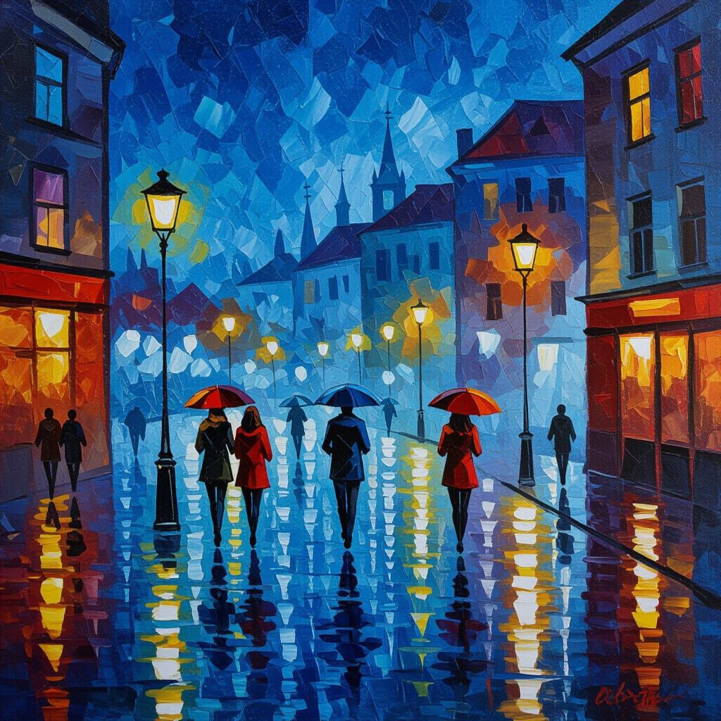 Night Street Scene with Reflections in Vivid Oil Style