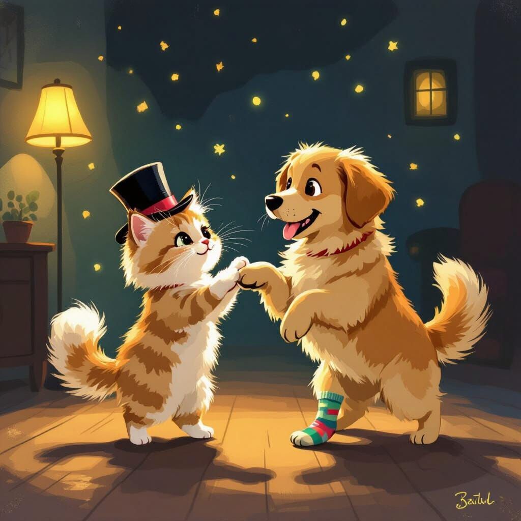 Cat and Dog Dancing in Whimsical Storybook Style