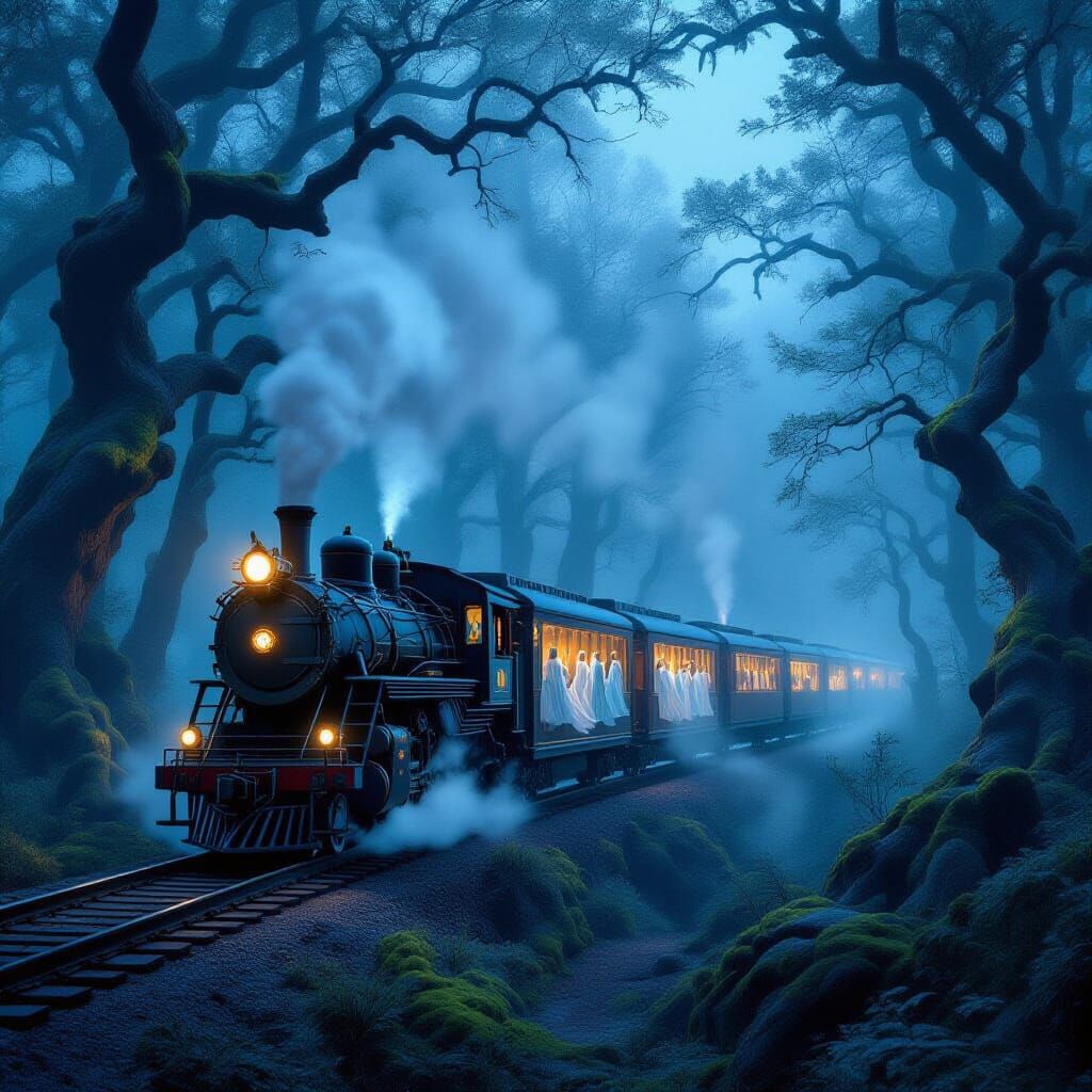 Ethereal Train Glides Through Misty Forest