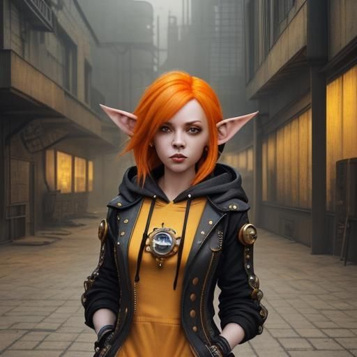 Steampunk Elf in Dystopian Cityscape