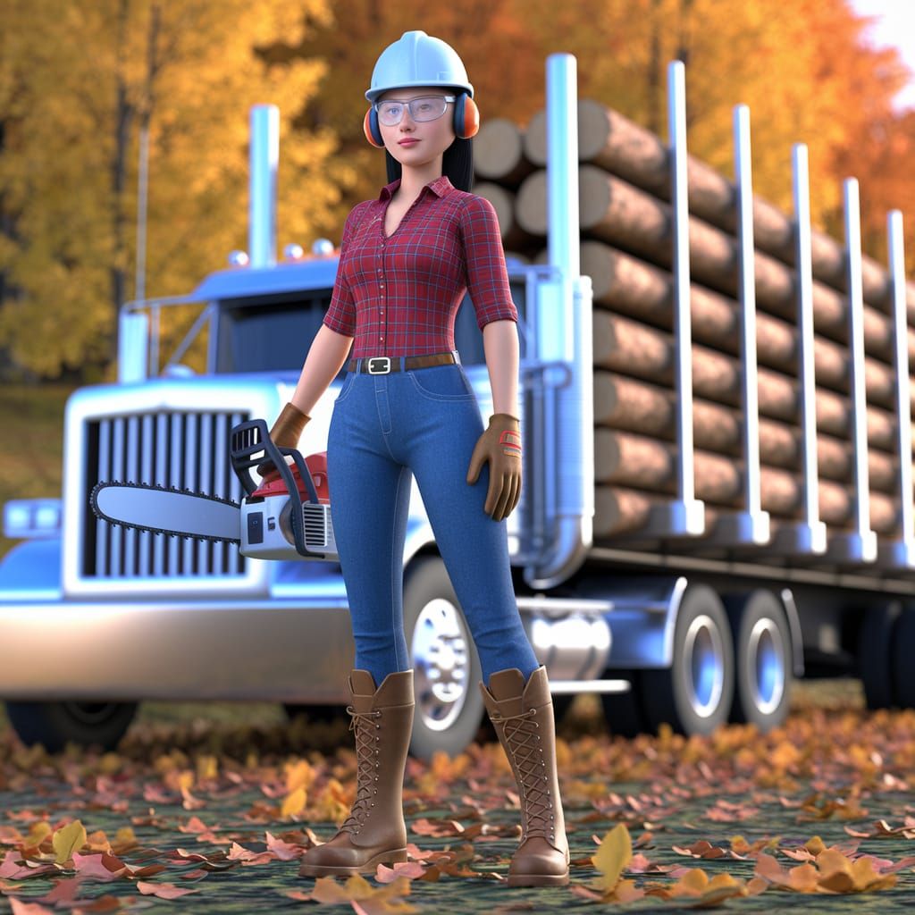 Woman Logger With Chainsaw and Semi Truck in Autumn Forest