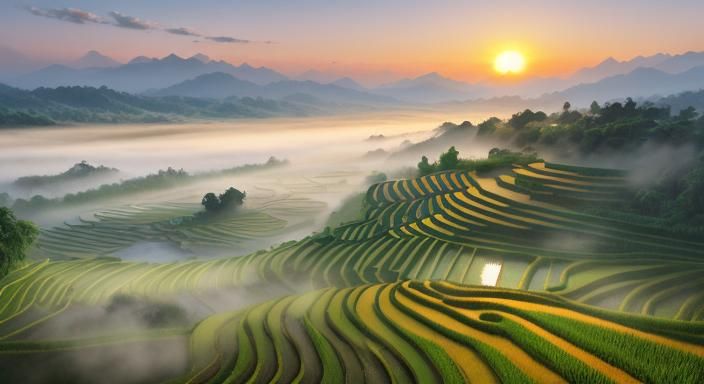 Terraced Rice Fields at Sunrise: Digital Art