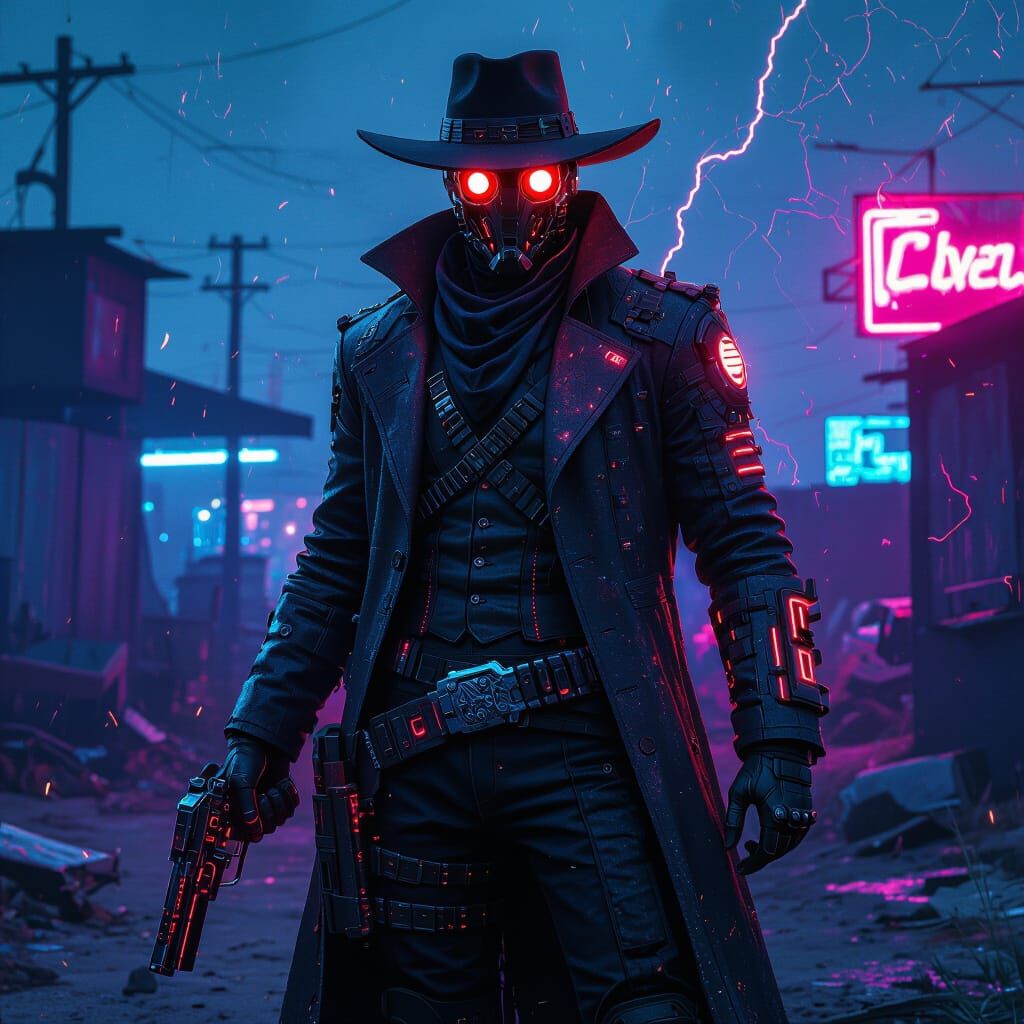 Cybernetic Gunslinger in Neon Junkyard, Cyberpunk Style
