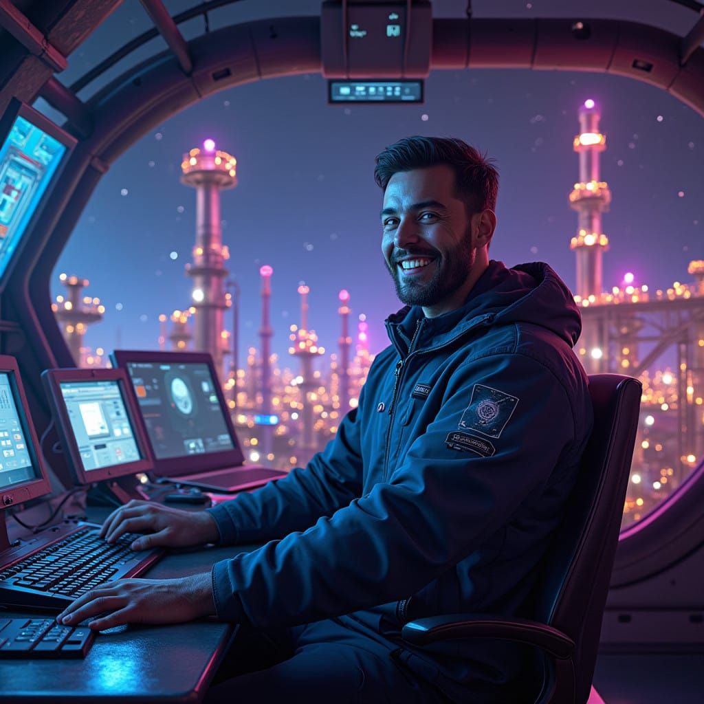 High-Tech Refinery Operator in a Futuristic Nighttime Contro...