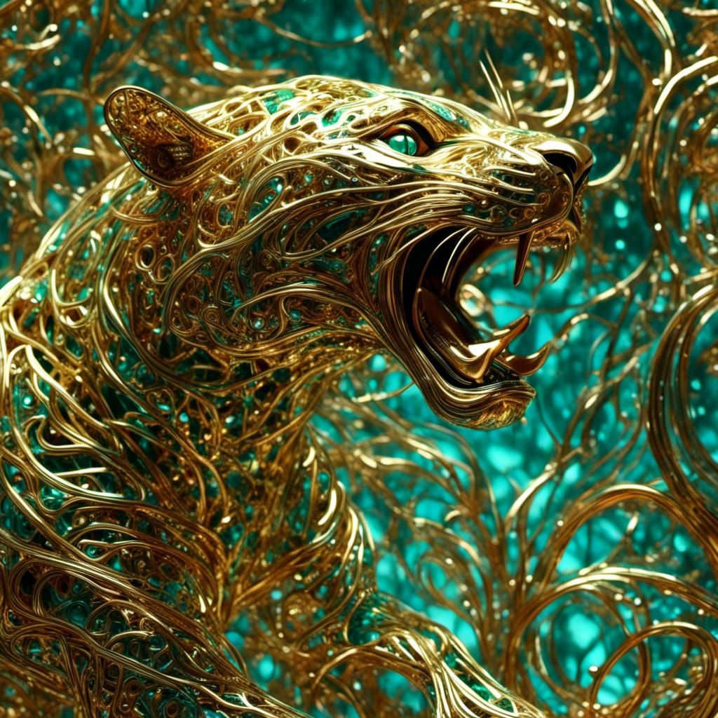 Cybernetic Filigree Leopard Leaping Through Jungle