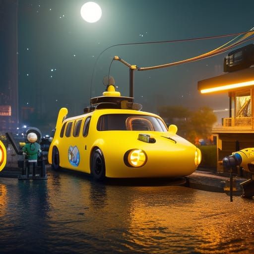 Chibi Yellow Submarine Cleaned by Cyborgs: Nighttime Scene
