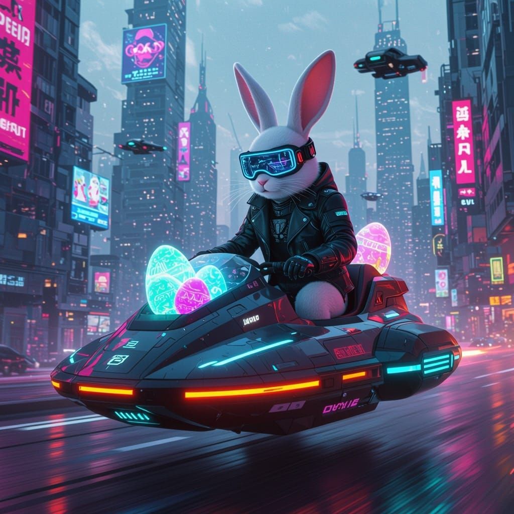 Cyberpunk Easter Bunny Delivers Holographic Eggs in Futurist...